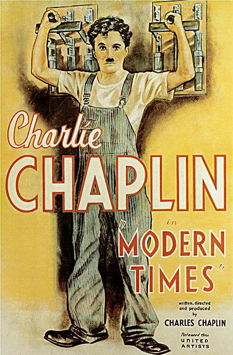 Filmaffisch för Chaplins Moderna Tider, bild på Chaplin själv